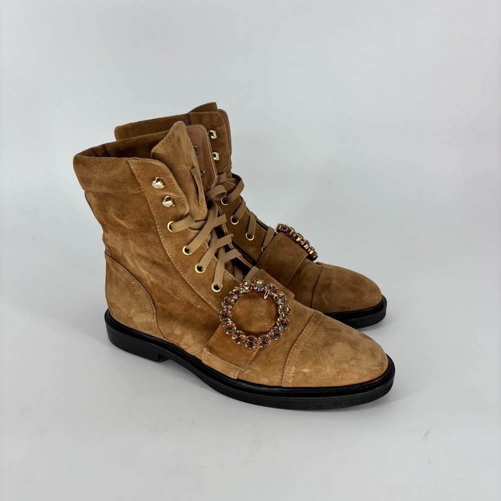 La Canadienne Combat Suede Boots Brown Tan Women Size 37 Crystal Buckle Lace Up